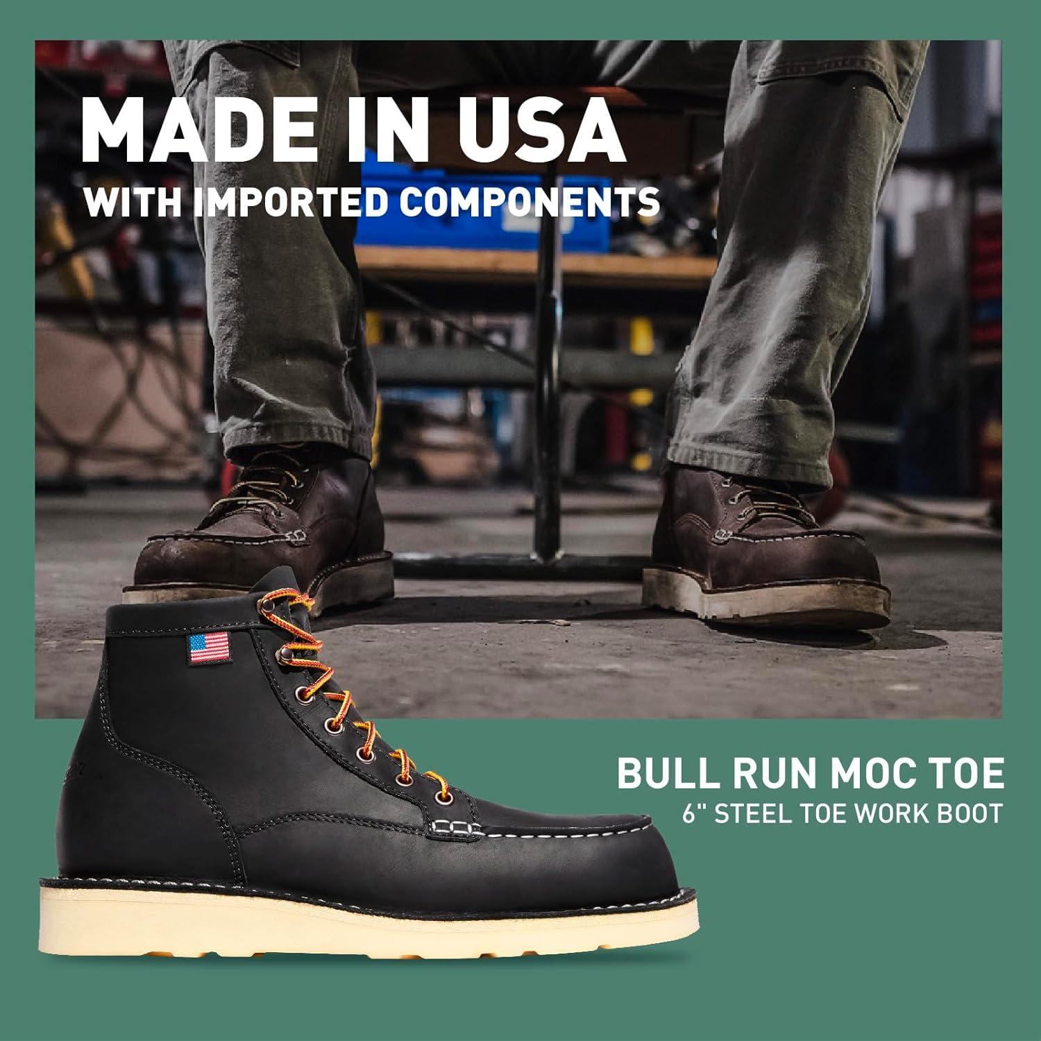 imageDanner 6 Bull Run Steel Toe Work Boots for Men Oiled FullGrain Leather with Non Slip Wedge Outsole and 3Density Cushion Footbed EH ResistantBlack