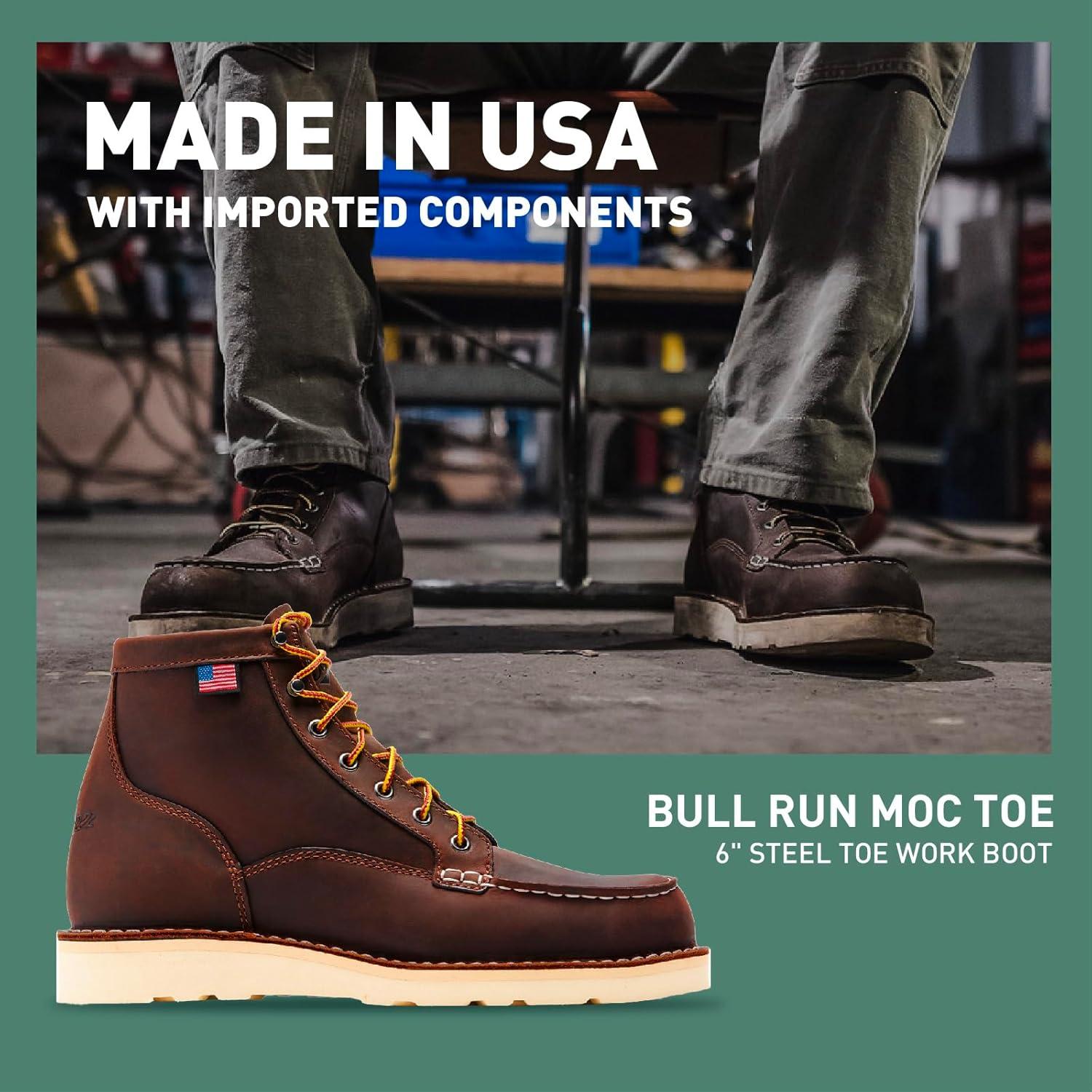 imageDanner 6 Bull Run Steel Toe Work Boots for Men Oiled FullGrain Leather with Non Slip Wedge Outsole and 3Density Cushion Footbed EH ResistantBrown
