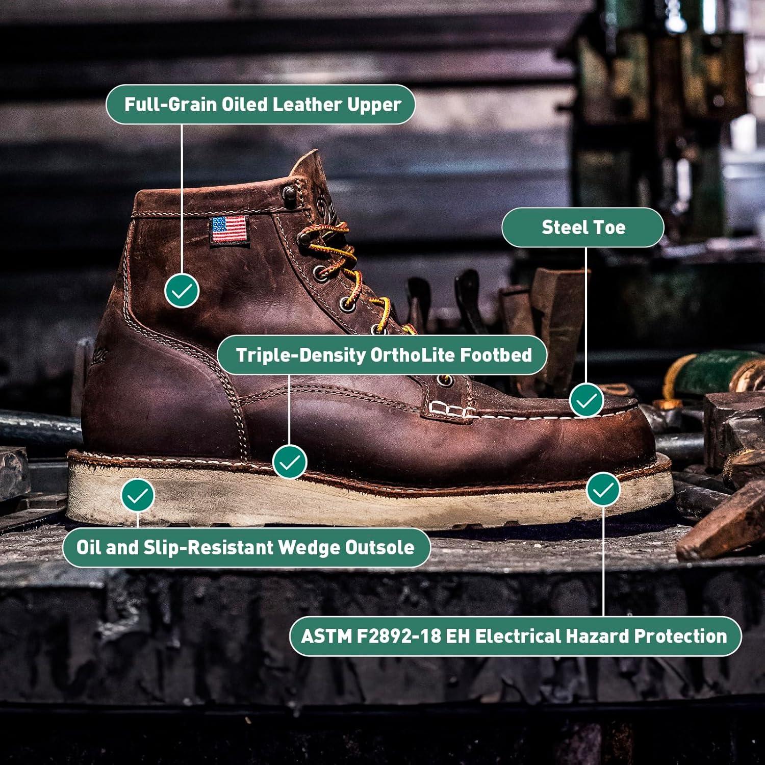 imageDanner 6 Bull Run Steel Toe Work Boots for Men Oiled FullGrain Leather with Non Slip Wedge Outsole and 3Density Cushion Footbed EH ResistantBrown
