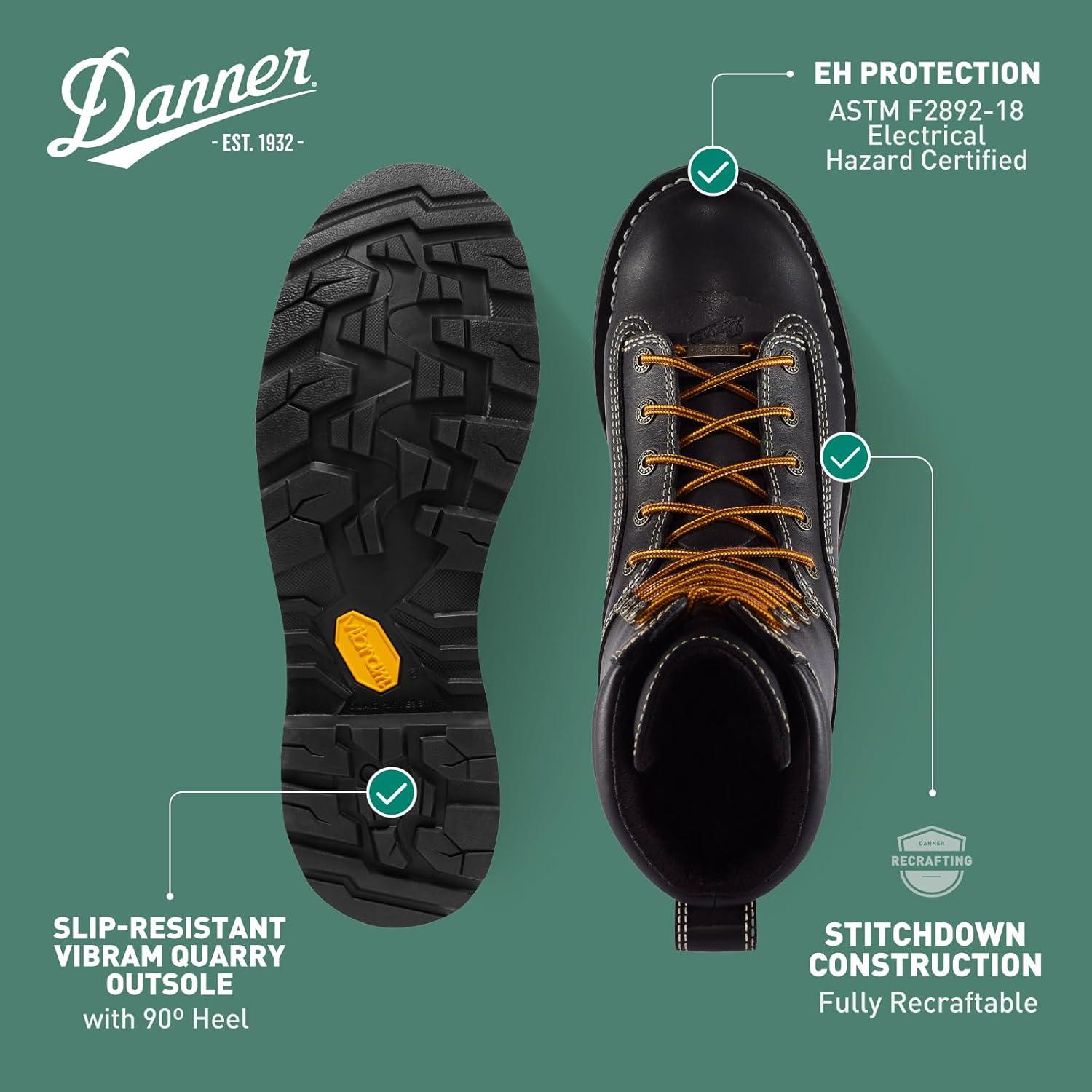 imageDanner 8 Quarry USA Waterproof Work Boots for Men FullGrain Leather with GoreTex 3Density Cushion Footbed ampamp Traction Heel Outsole EH ResistantBlack