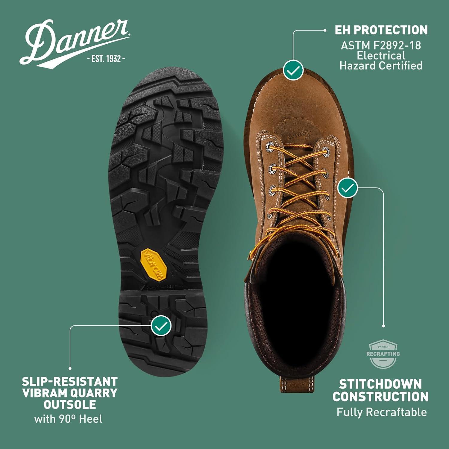 imageDanner 8 Quarry USA Waterproof Work Boots for Men FullGrain Leather with GoreTex 3Density Cushion Footbed ampamp Traction Heel Outsole EH ResistantDistressed Brown