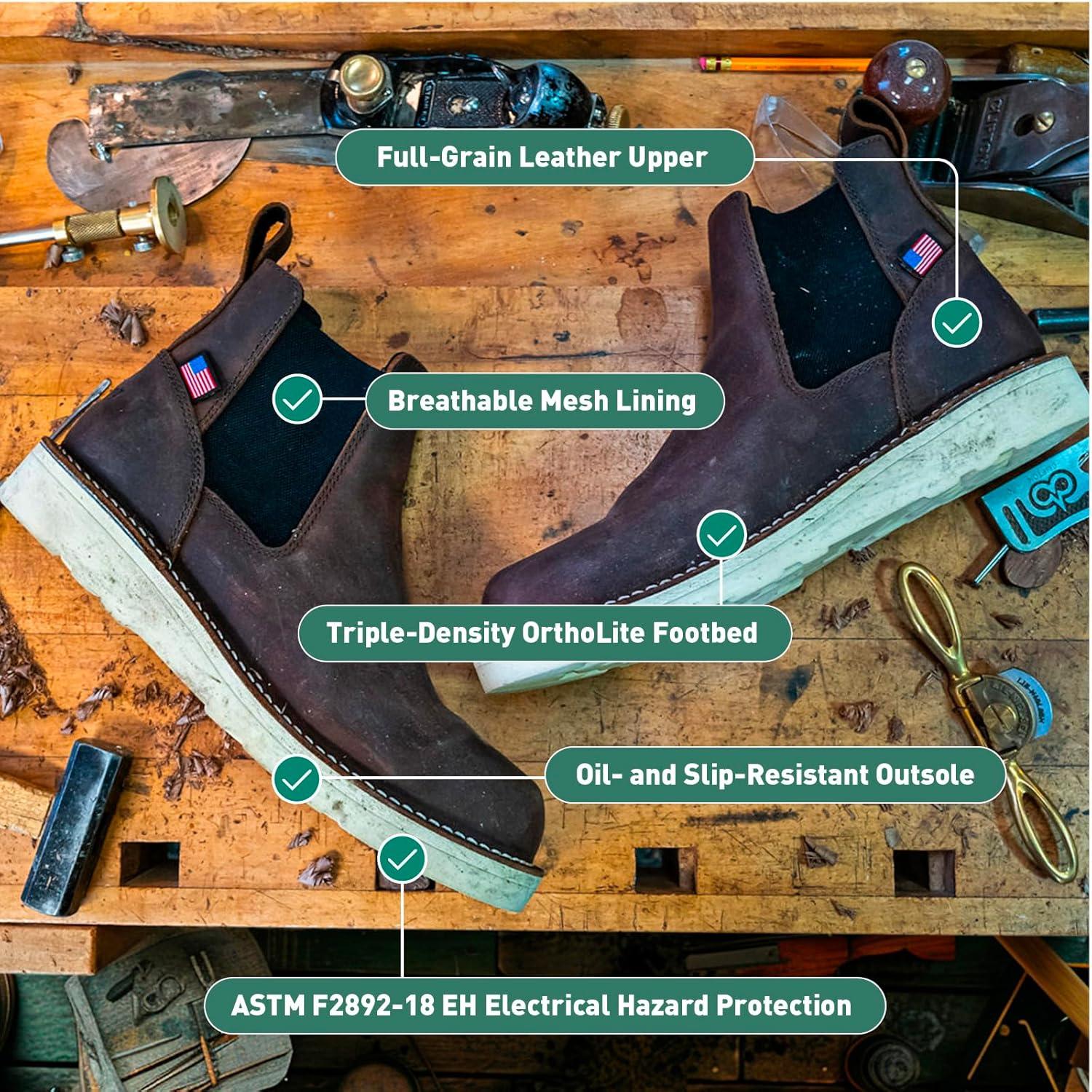 imageDanner Bull Run 6quot Chelsea Steel Toe Work Boots for Men FullGrain Leather with Oil and SlipResistant Wedge Outsole EH Resistant and Made in USABrown