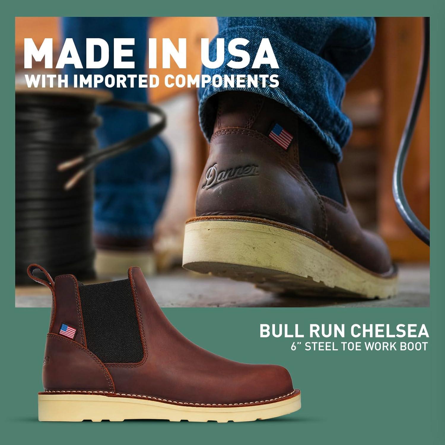 imageDanner Bull Run 6quot Chelsea Steel Toe Work Boots for Men FullGrain Leather with Oil and SlipResistant Wedge Outsole EH Resistant and Made in USABrown