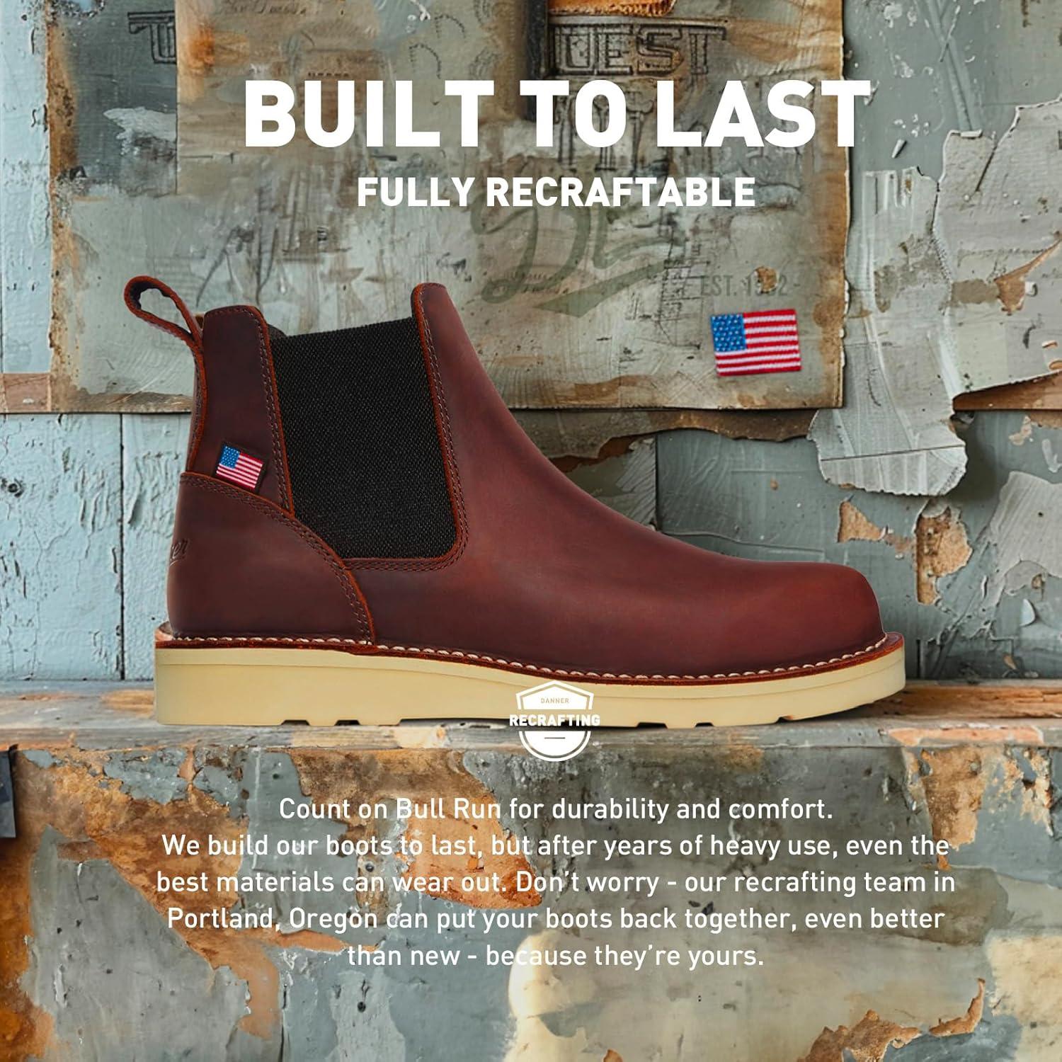 imageDanner Bull Run 6quot Chelsea Steel Toe Work Boots for Men FullGrain Leather with Oil and SlipResistant Wedge Outsole EH Resistant and Made in USABrown