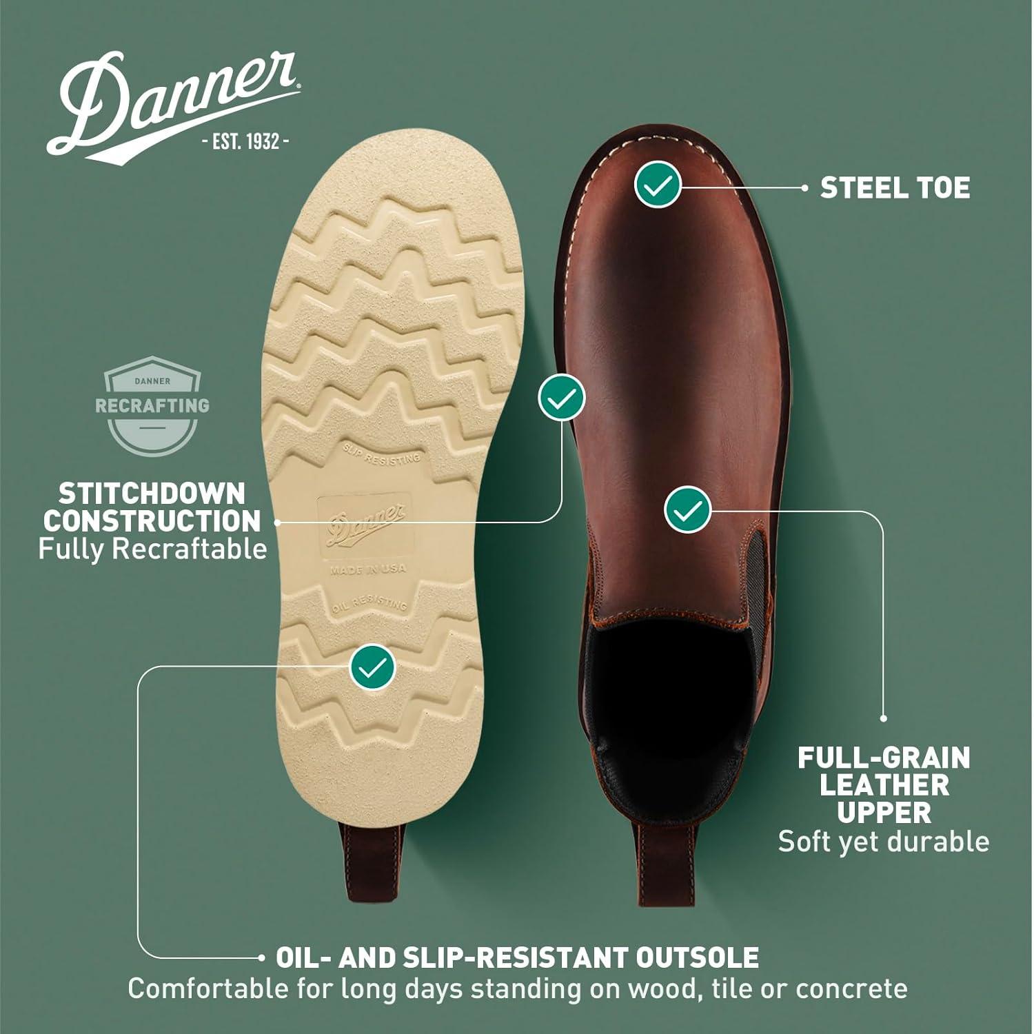 imageDanner Bull Run 6quot Chelsea Steel Toe Work Boots for Men FullGrain Leather with Oil and SlipResistant Wedge Outsole EH Resistant and Made in USABrown