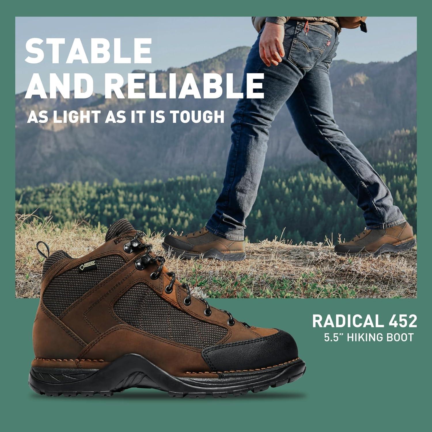 imageDanner Radical 452 55 Waterproof Hiking Boots for Men with Sanded Nubuck Leather ScuffProof Toe Cap Breathable GoreTex ampamp Traction OutsoleDark Brown