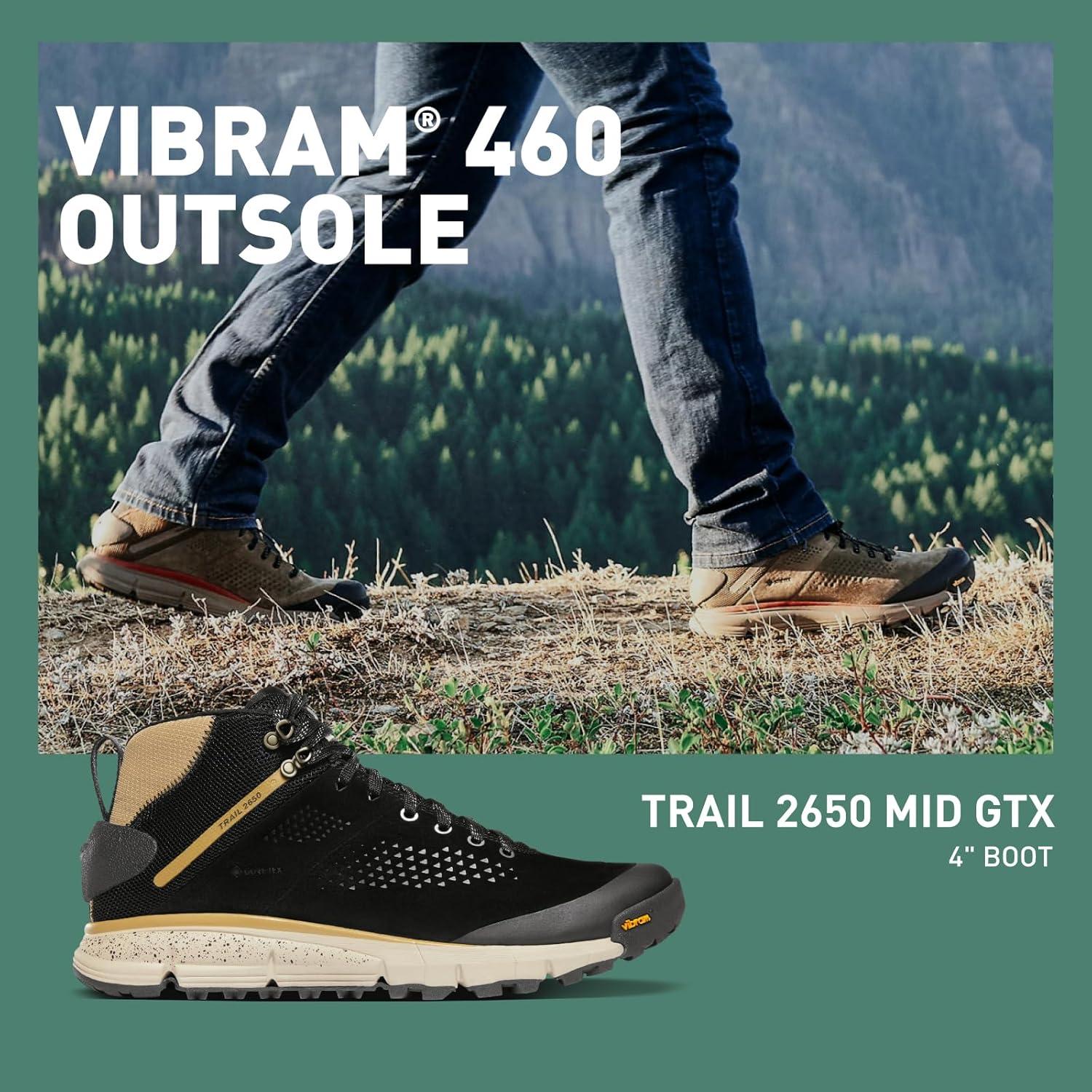 imageDanner Trail 2650 GoreTex Mid 4quot Waterproof Hiking Shoes for Men Suede and Textile Upper with Comfort Footbed EXO Heel System ampamp Traction OutsoleBlackKhaki