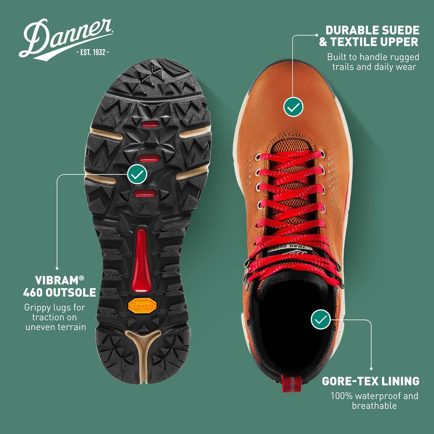 imageDanner Trail 2650 GoreTex Mid 4quot Waterproof Hiking Shoes for Men Suede and Textile Upper with Comfort Footbed EXO Heel System ampamp Traction OutsoleBrownRed Goretex