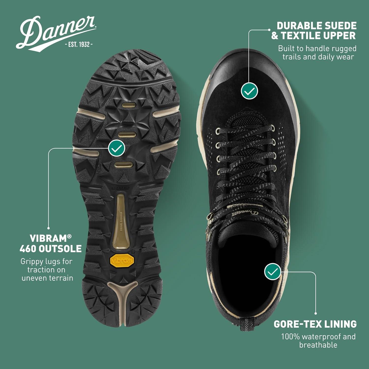 imageDanner Trail 2650 GoreTex Mid 4quot Waterproof Hiking Shoes for Men Suede and Textile Upper with Comfort Footbed EXO Heel System ampamp Traction OutsoleBlackKhaki