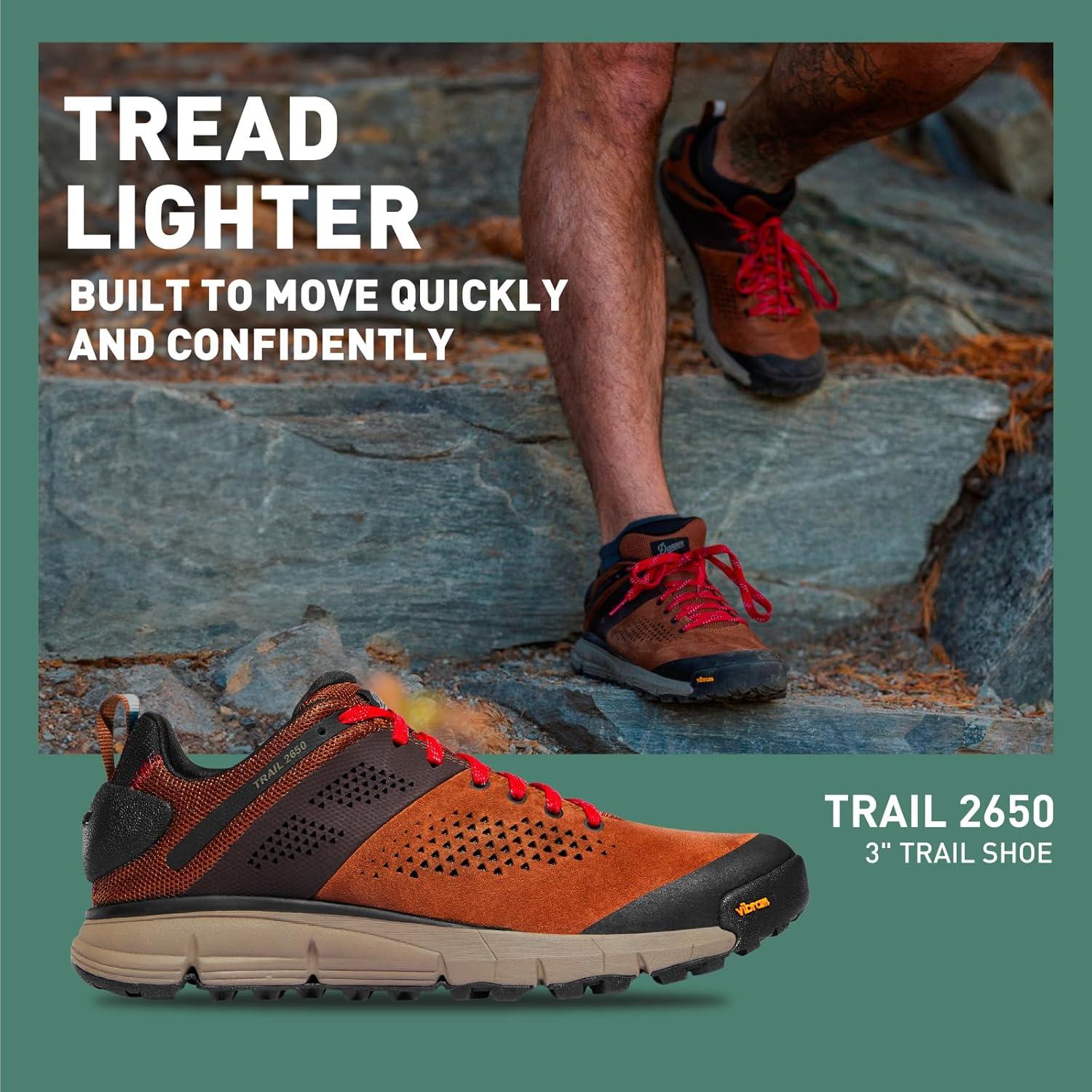 imageDanner Trail 2650 Hiking Shoes for Men Durable Suede Lightweight Textile with Breathable Mesh Lining Ortholite Footbed ampamp Vibram Traction OutsoleBrownRed