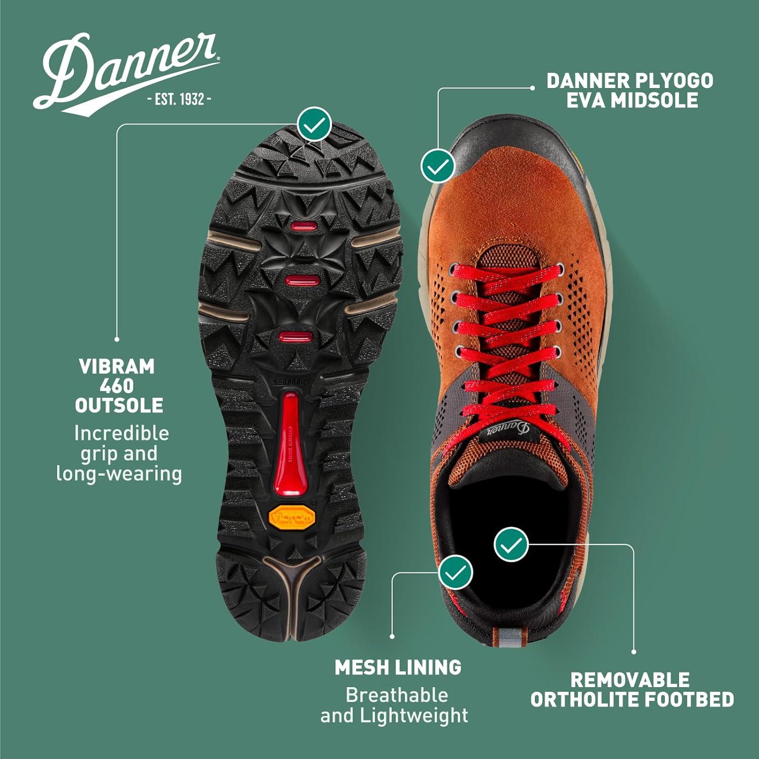 imageDanner Trail 2650 Hiking Shoes for Men Durable Suede Lightweight Textile with Breathable Mesh Lining Ortholite Footbed ampamp Vibram Traction OutsoleBrownRed