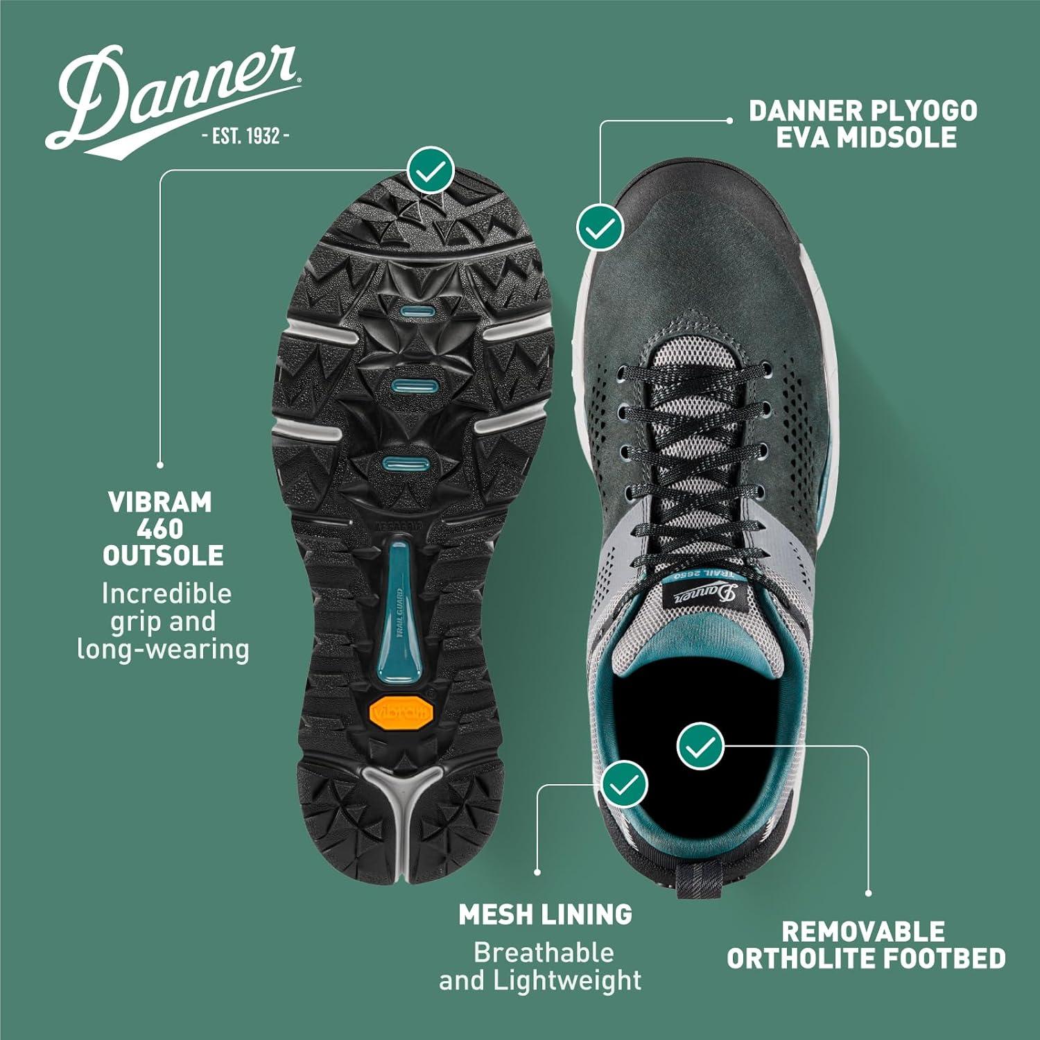 imageDanner Trail 2650 Hiking Shoes for Men Durable Suede Lightweight Textile with Breathable Mesh Lining Ortholite Footbed ampamp Vibram Traction OutsoleCharcoalGoblin Blue