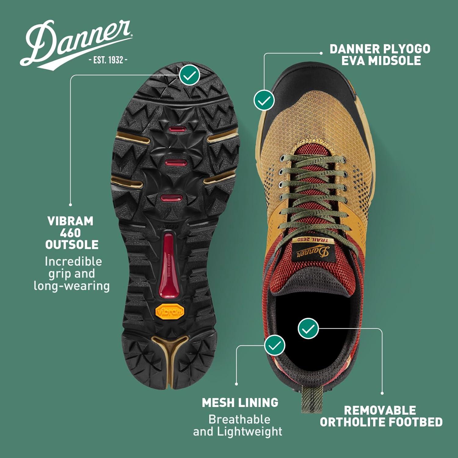 imageDanner Trail 2650 Hiking Shoes for Men Durable Suede Lightweight Textile with Breathable Mesh Lining Ortholite Footbed ampamp Vibram Traction OutsolePainted Hills