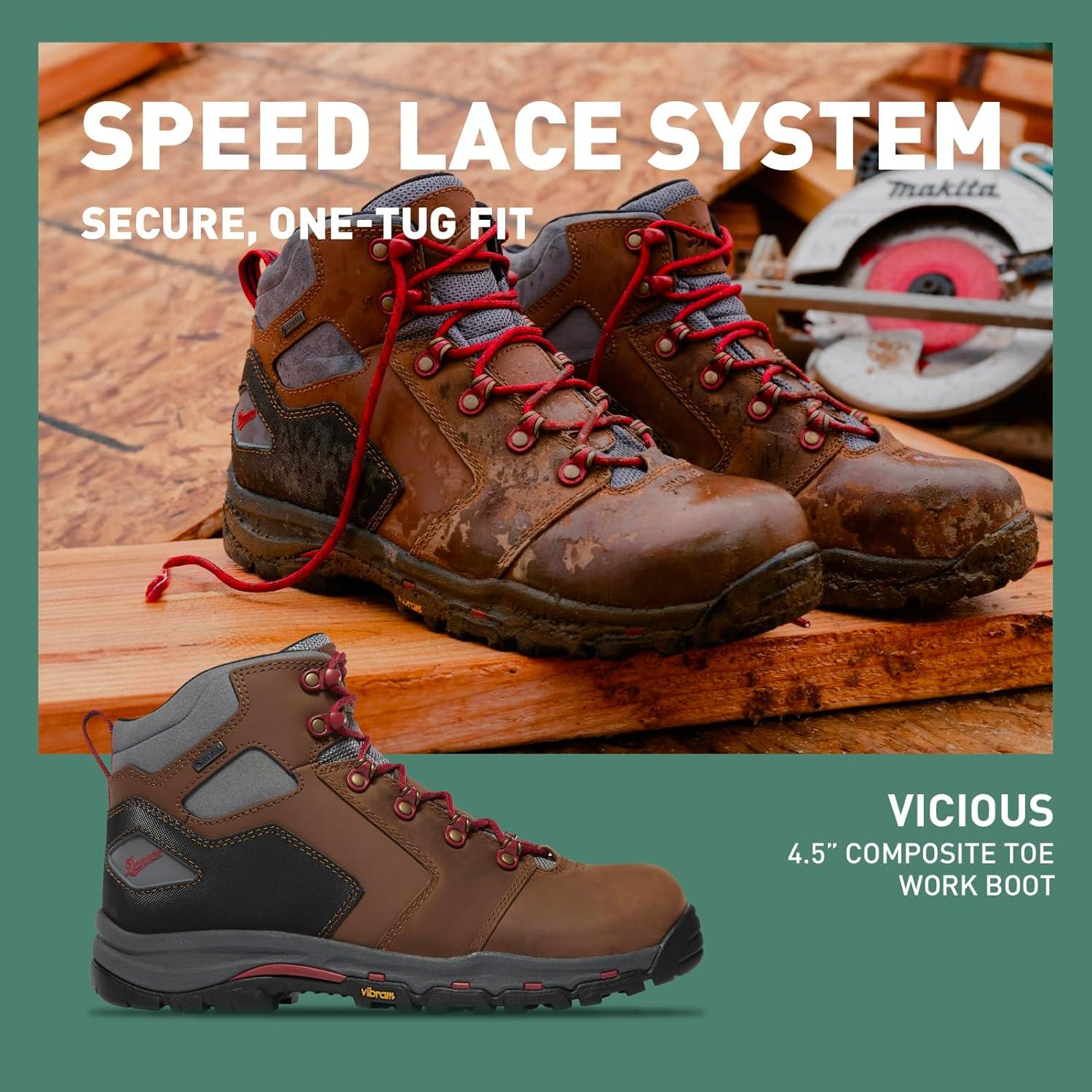 imageDanner Vicious 45 Composite Toe Work Boots for Men FullGrain Leather with Breathable GoreTex Lining Speed Lace System ampamp Non Slip Heel OutsoleBrownRed