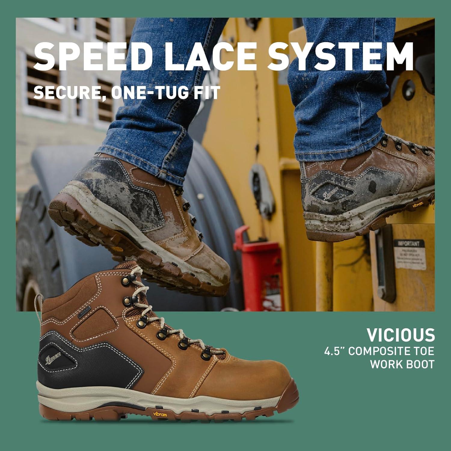 imageDanner Vicious 45 Composite Toe Work Boots for Men FullGrain Leather with Breathable GoreTex Lining Speed Lace System ampamp Non Slip Heel OutsoleTanBlack