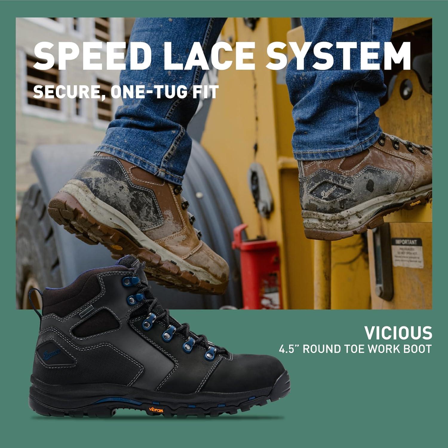 imageDanner Vicious 45 Waterproof Work Boots for Men FullGrain Leather with Breathable GoreTex Lining Speed Lace System and Non Slip Heeled OutsoleBlackBlue