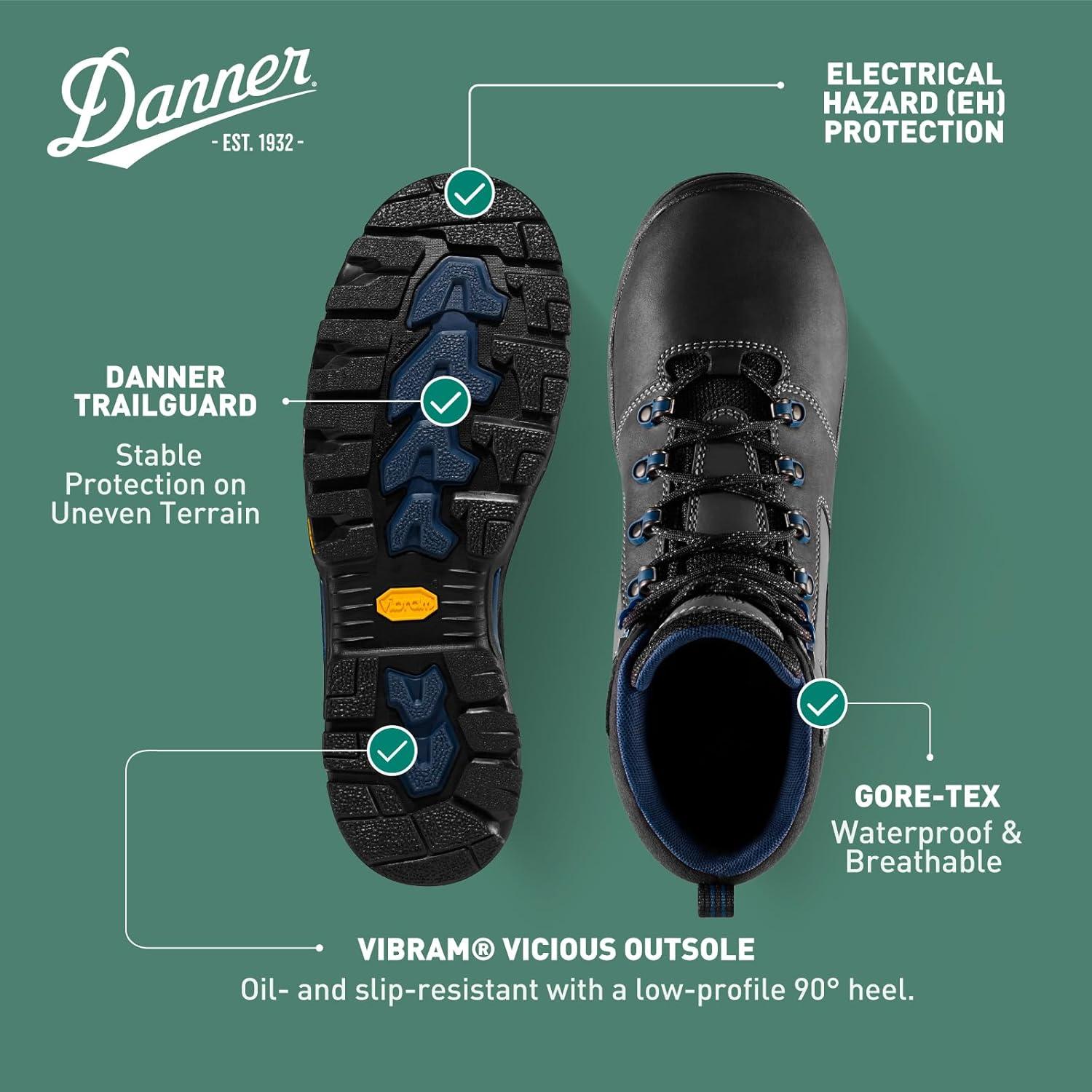 imageDanner Vicious 45 Waterproof Work Boots for Men FullGrain Leather with Breathable GoreTex Lining Speed Lace System and Non Slip Heeled OutsoleBlackBlue