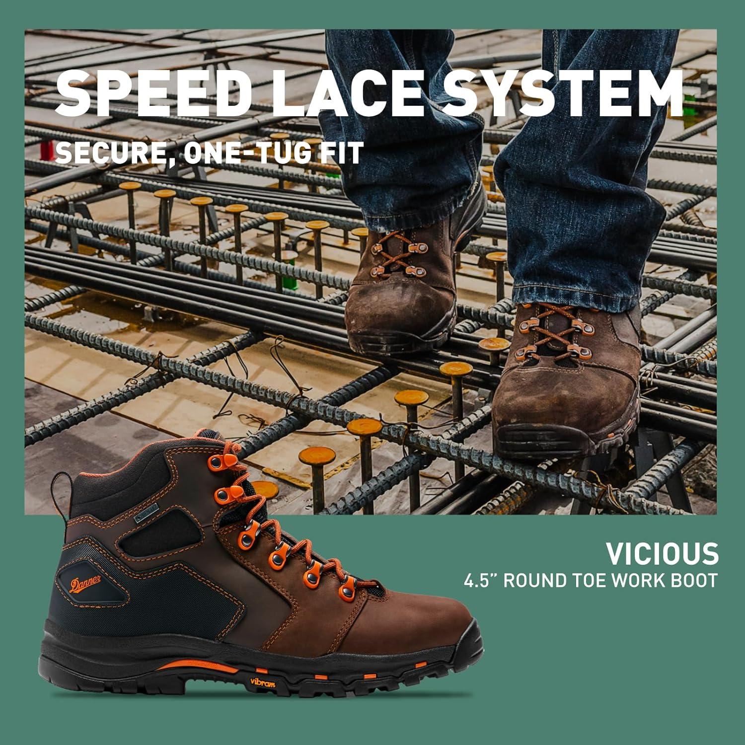 imageDanner Vicious 45 Waterproof Work Boots for Men FullGrain Leather with Breathable GoreTex Lining Speed Lace System and Non Slip Heeled OutsoleBrownOrange