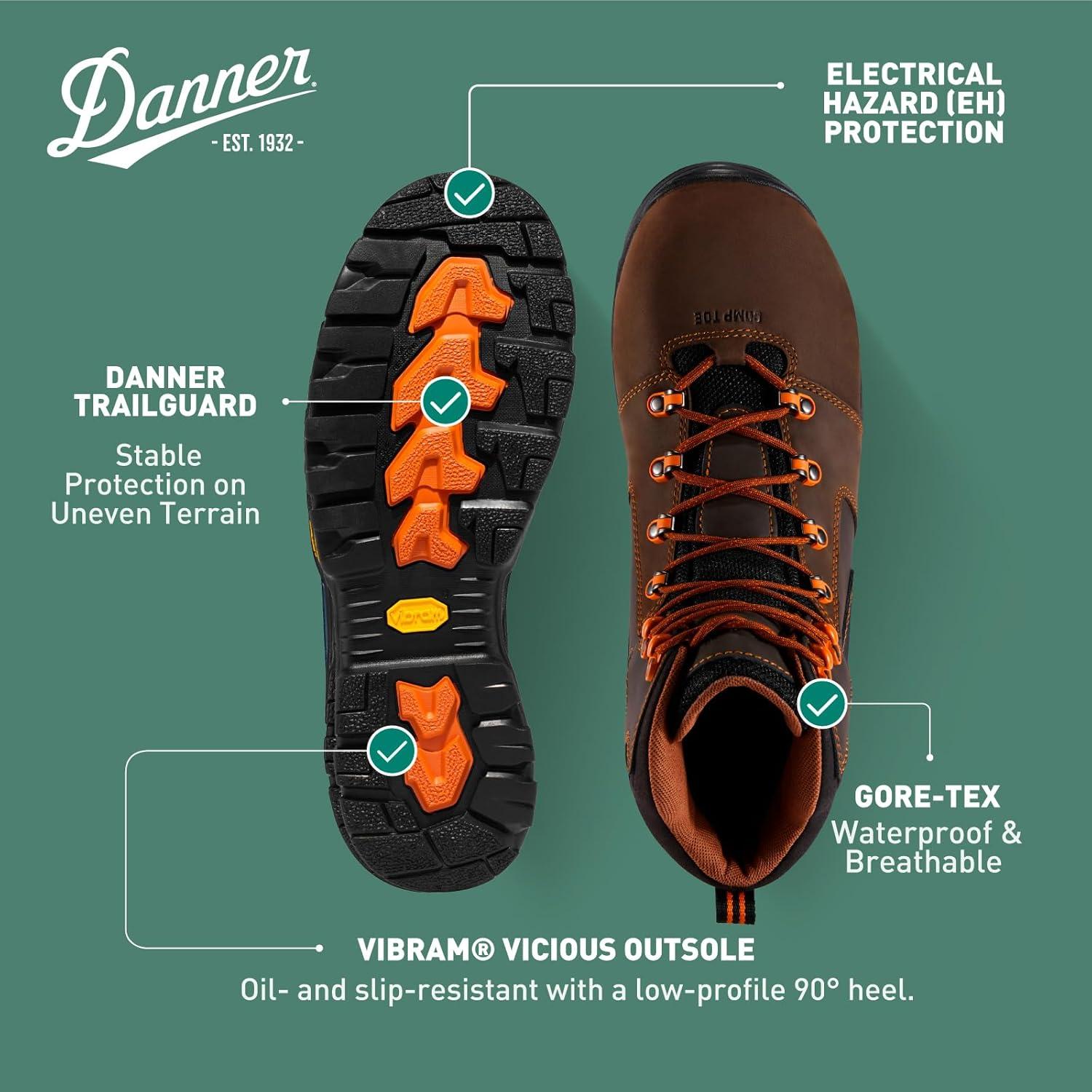 imageDanner Vicious 45 Waterproof Work Boots for Men FullGrain Leather with Breathable GoreTex Lining Speed Lace System and Non Slip Heeled OutsoleBrownOrange