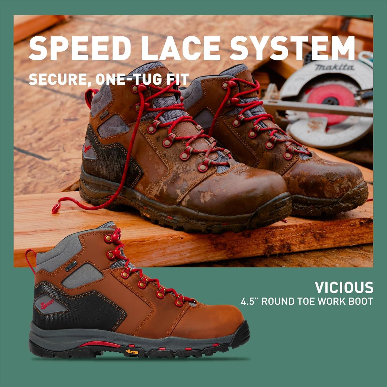 imageDanner Vicious 45 Waterproof Work Boots for Men FullGrain Leather with Breathable GoreTex Lining Speed Lace System and Non Slip Heeled OutsoleBrownRed