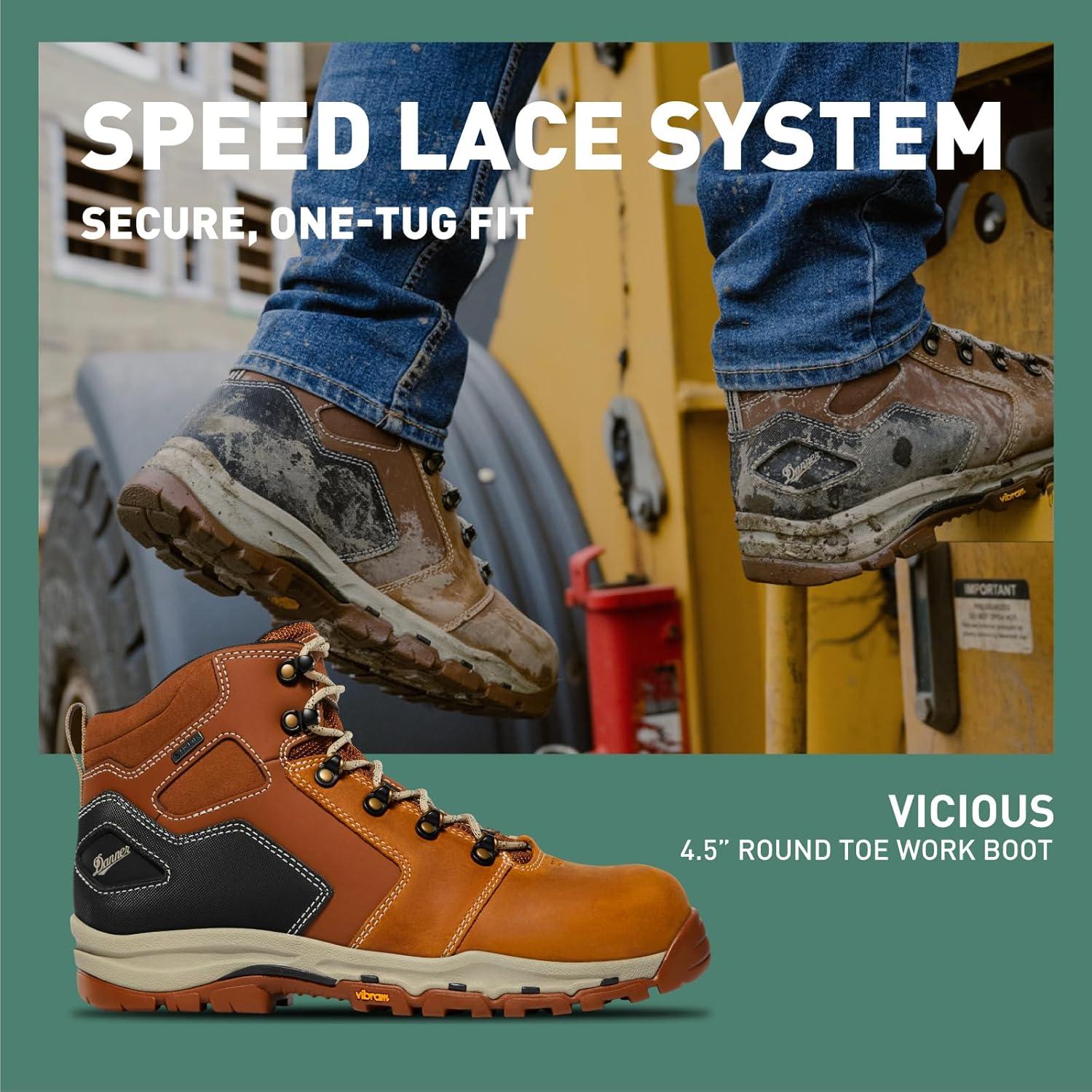 imageDanner Vicious 45 Waterproof Work Boots for Men FullGrain Leather with Breathable GoreTex Lining Speed Lace System and Non Slip Heeled OutsoleTanBlack
