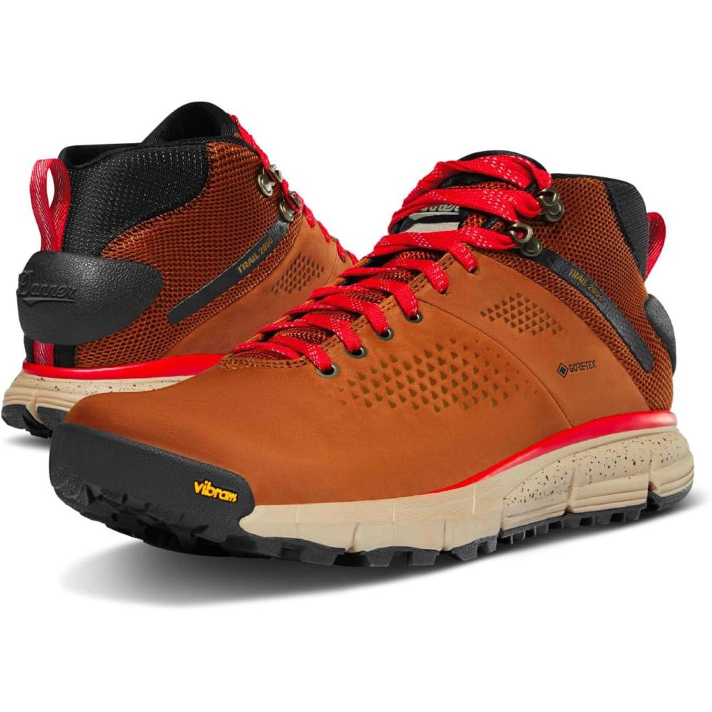 imageDanner Trail 2650 GoreTex Mid 4quot Waterproof Hiking Shoes for Men Suede and Textile Upper with Comfort Footbed EXO Heel System ampamp Traction OutsoleBrownRed Goretex